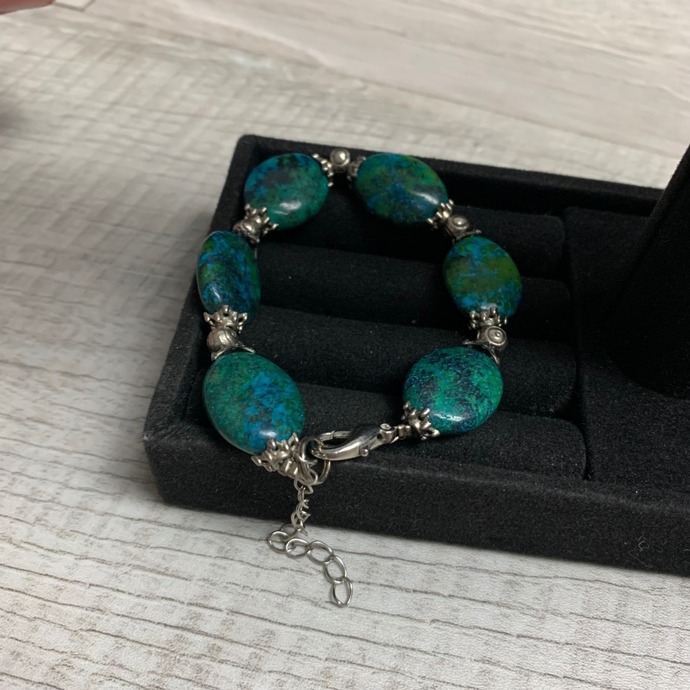 Boho Teal Green Stone Oval Bead Bracelet Silver Tone Adjustable Extender 4212